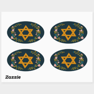 Sticker Ovale Étoile de David Dessin Floral Juif Personnalisé