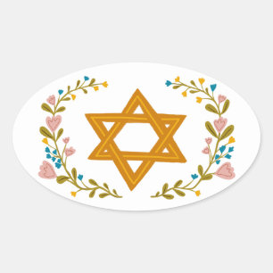 Sticker Ovale Étoile de David Dessin Floral Juif Personnalisé