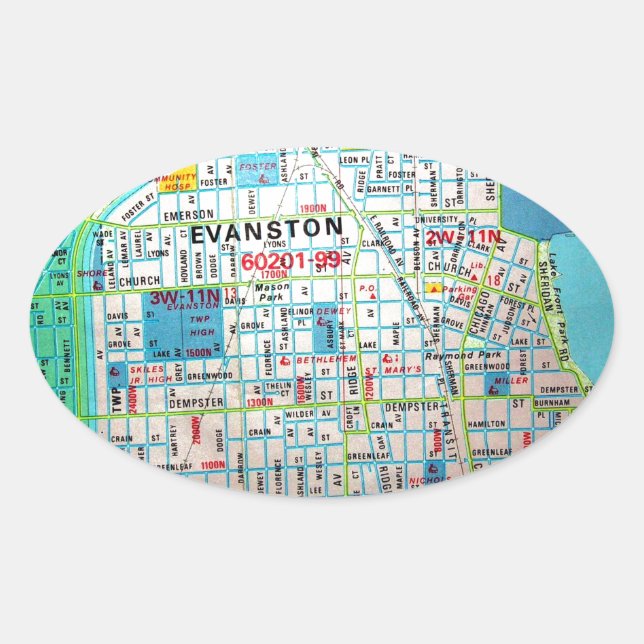 Sticker Ovale EVANSTON, IL Carte Vintage (Devant)