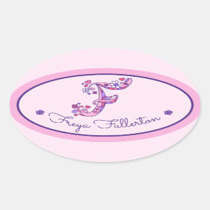 Sticker Ovale F lettre monogramme personnalisé filles nom rose a