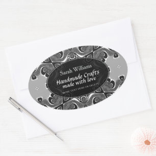 Sticker Ovale Fait à la main avec amour Tribal argent noir Vinta