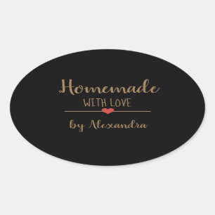 Sticker Ovale Fait maison avec amour noir et or nom