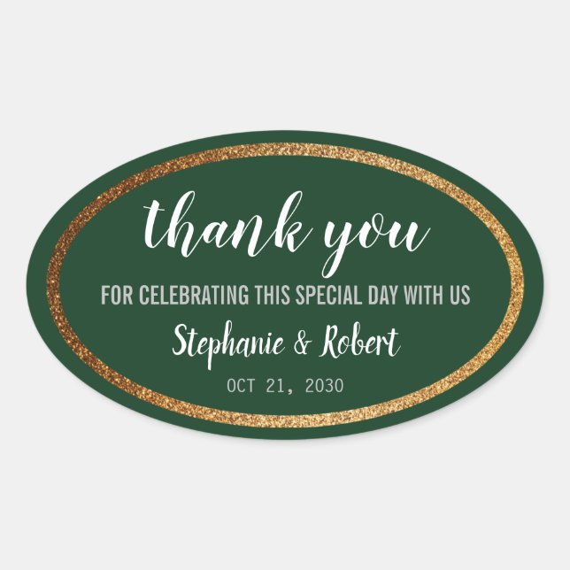 Sticker Ovale Faux Gold Green Moderne Mariage élégant (Devant)