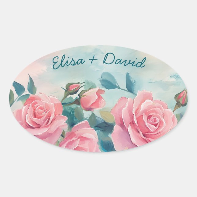 Sticker Ovale Fête des mariées de peinture rose Roses sur mesure (Devant)