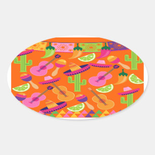 Sticker Ovale Fiesta Party Sombrero Cactus Lims Peppers Maracas