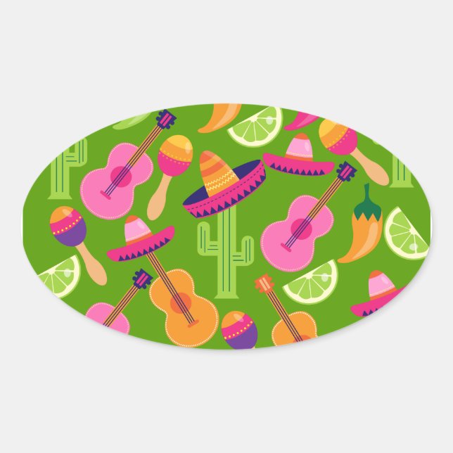 Sticker Ovale Fiesta Party Sombrero Cactus Lims Peppers Maracas (Devant)
