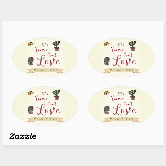 Sticker Ovale Fiesta Thème Mariage: Parlons Tacos d'Amour (Feuille)