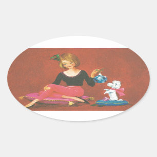 Sticker Ovale Fille De Noël Vintage Avec Poodle Français