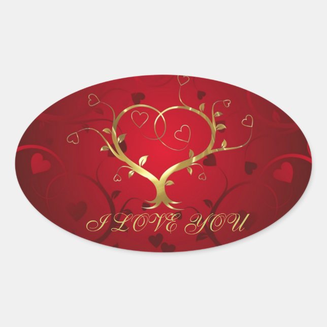 Sticker Ovale Fille Rouge & Or Coeur Abstrait Et Fleurs Florales (Devant)