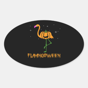 Sticker Ovale Flamant rose Citrouille Halloween Flamingoween Bi