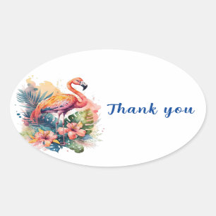 Sticker Ovale Flamant rose Merci