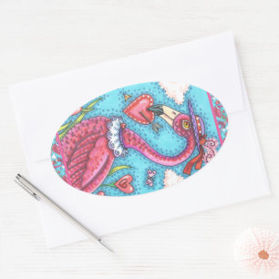 Sticker Ovale Flamant rose ROSE COEURS DE VALENTINE, INSÉPARABLE
