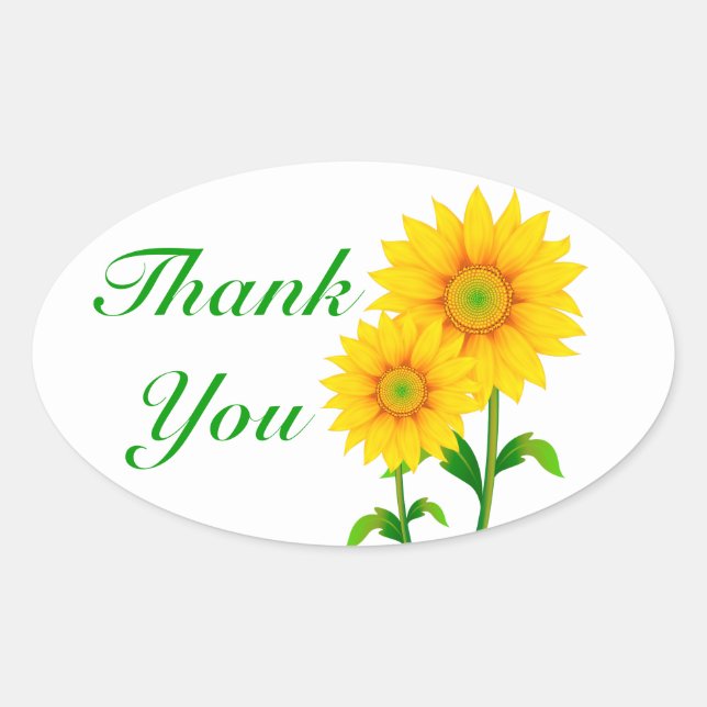 Sticker Ovale Fleur de tournesol jaune Merci vert floral (Devant)