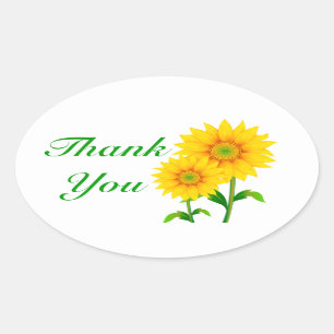 Sticker Ovale Fleur de tournesol jaune Merci vert floral