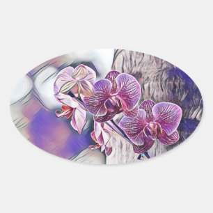 Sticker Ovale Fleur d'orchidée violette sur un tableau en bois