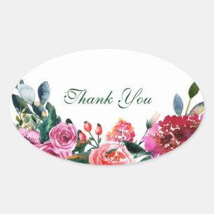 Sticker Ovale Fleurs aquarelles roses et vertes Floral vintage c
