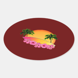 Sticker Ovale Fleurs de planche de surf et de ketmie