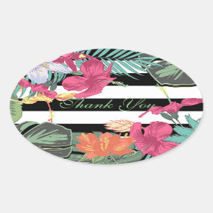 Sticker Ovale Fleurs florales tropicales Feuilles Blancs noirs