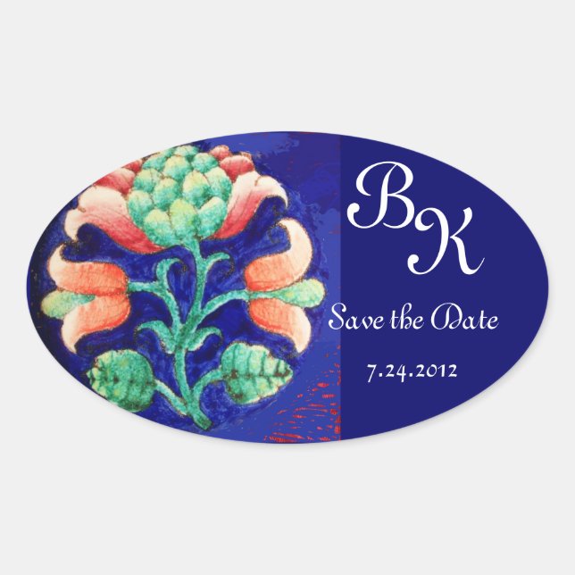 STICKER OVALE FLEURS STYLISÉES, MONOGRAMME FLORAL BLEU VERT ROSE (Devant)