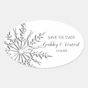 Sticker Ovale Flocon de neige Mariage hivernal Enregistrer la da