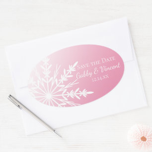 Sticker Ovale Flocon de neige rose blanc Mariage d'hiver Enregis