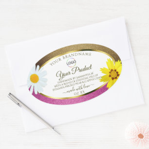 Sticker Ovale Floral rose or Parties scintillant blanc produit É
