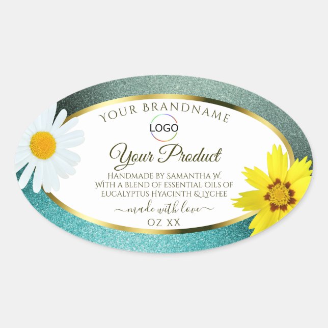 Sticker Ovale Floral Turquoise Bleu Parties scintillant Blanc Pr (Devant)