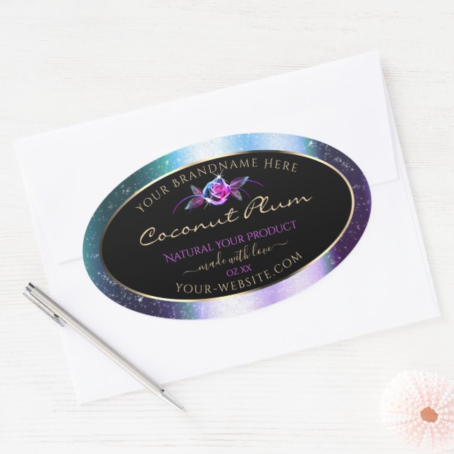 Sticker Ovale Floral Turquoise Parties scintillant violet noir É (Enveloppe)