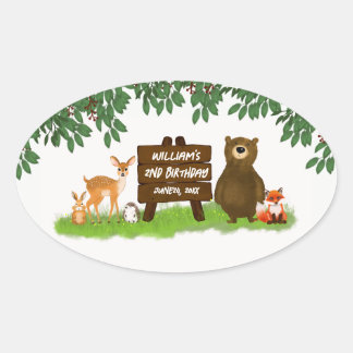 Sticker Ovale Forest Animals Rustic Woodland Kid's Birthday