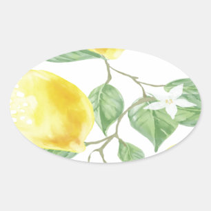 Sticker Ovale Fruit de citron jaune vert feuille textile