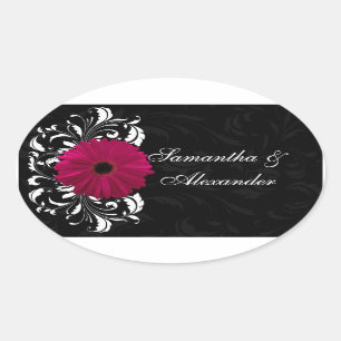 Sticker Ovale Fuchsia Scroll Gerbera Daisy avec noir et blanc