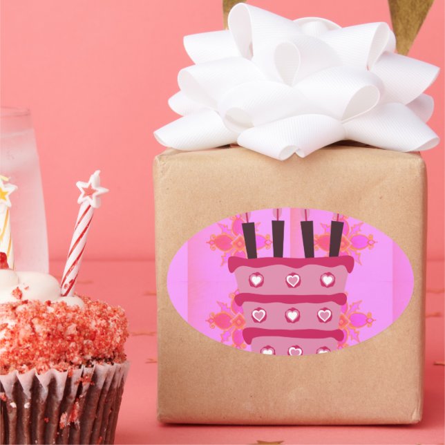 Sticker Ovale Gâteau d'anniversaire floral pour elle / Filles Ar (Fête)
