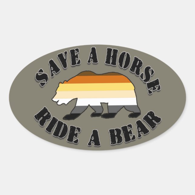 Sticker Ovale Gay Bear Pride Enregistrer un cheval Ride Ours (Devant)