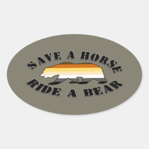 Sticker Ovale Gay Bear Pride Sauver un Cheval Monter un Ours