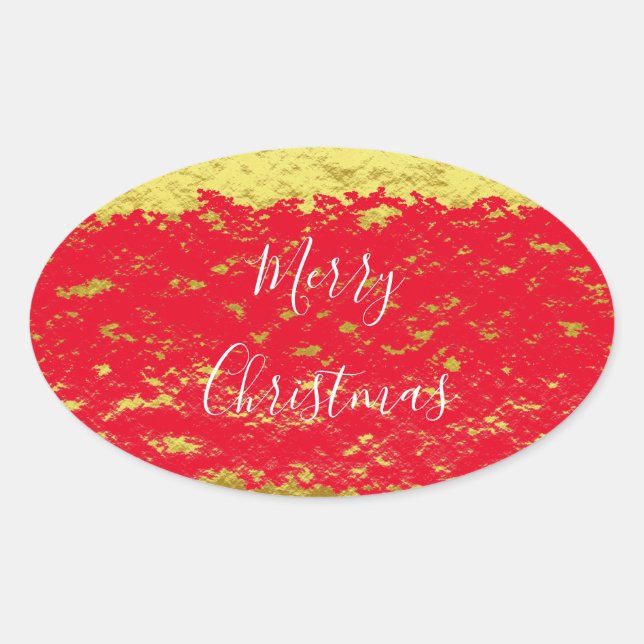 Sticker Ovale Gold Foil Red Glittery Éclats Joyeux Noël (Devant)
