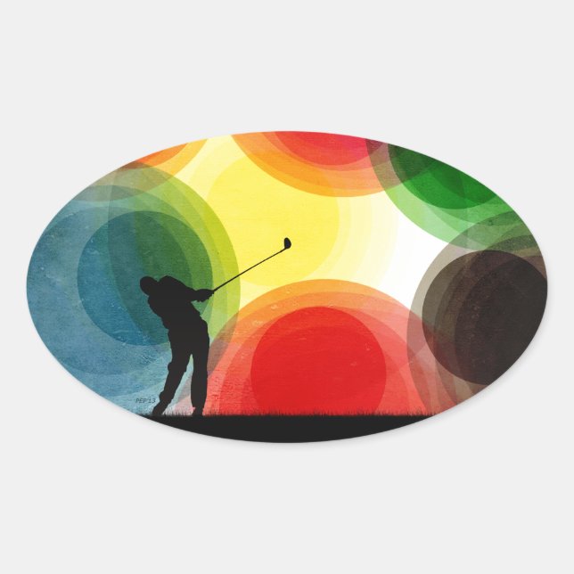 Sticker Ovale Golfeur de silhouette rétro coloré (Devant)