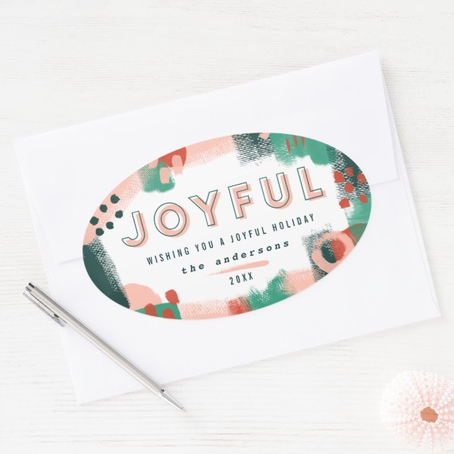 Sticker Ovale Graphique abstrait moderne rouge, rose + vert joye (Enveloppe)