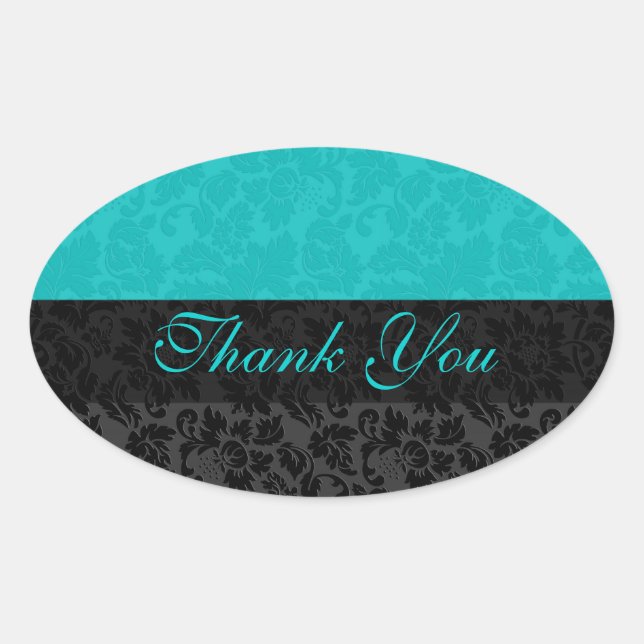 Sticker Ovale Gras Elegant noir & turquoise Damas florales (Devant)