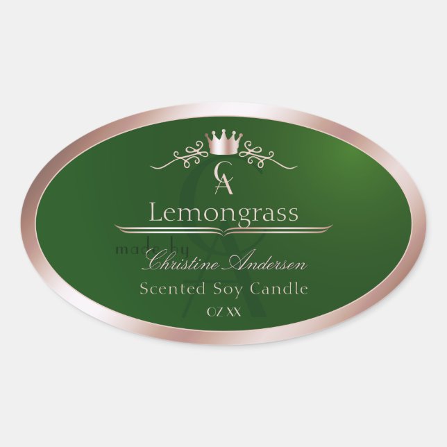 Sticker Ovale Grass Green Product Label Rose Gold Frame Monogram (Devant)
