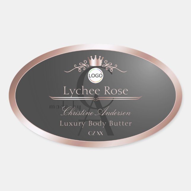 Sticker Ovale Gray Product Label Rose Gold Frame Logo Monogram (Devant)