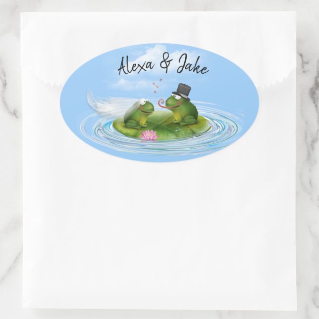 Sticker Ovale Grenouilles mariages sur Lily Pad (Sac)