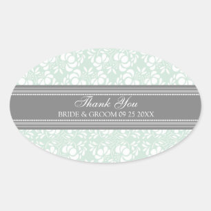 Sticker Ovale Gris Mint Damask Merci Wedding Favor Tags