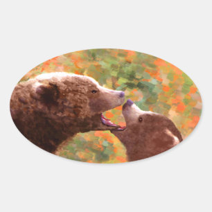 Sticker Ovale Grizzly Bear Mom and Cub Painting - Wildlife Art