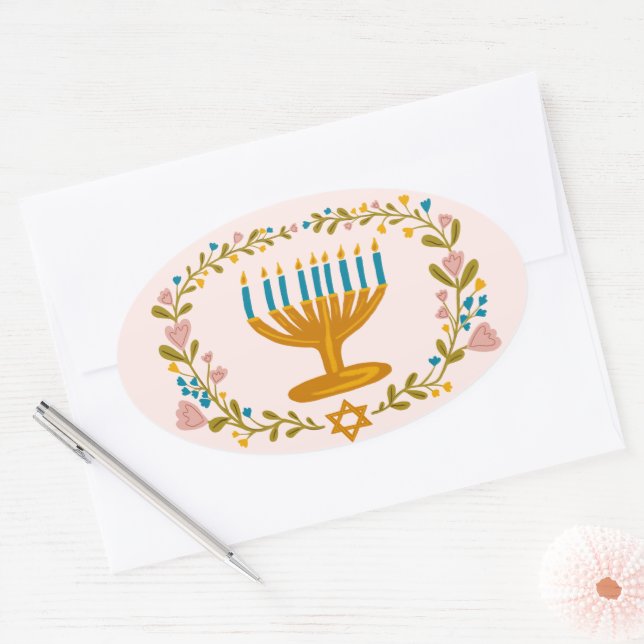 Sticker Ovale HANOUKKA Menorah couronne florale Juive Holiday (Enveloppe)
