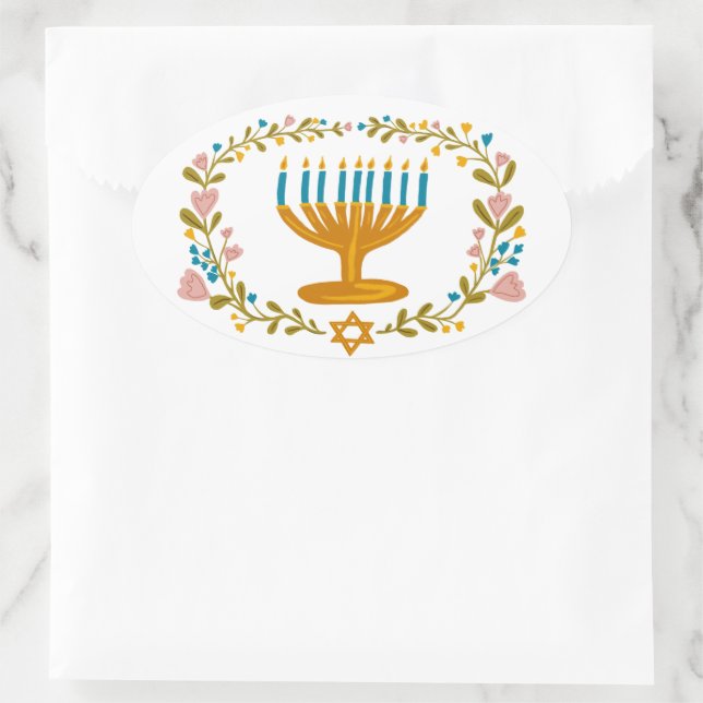 Sticker Ovale HANOUKKA Menorah couronne florale Juive Holiday (Sac)