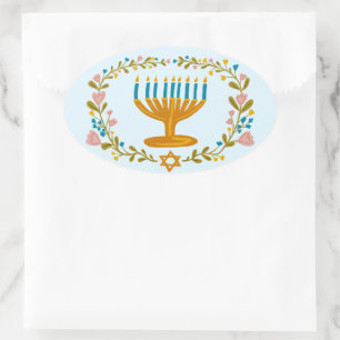 Sticker Ovale HANOUKKA Menorah couronne florale Juive Holiday