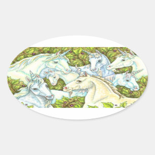 Sticker Ovale HERDE UNICORN MÉDIÉVAL, CHEVAUX, Imaginaire DE LA 