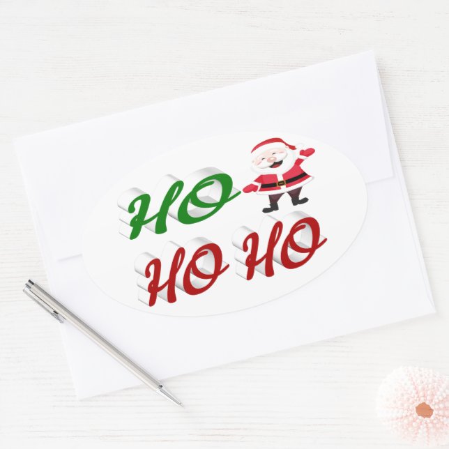 Sticker Ovale Ho Ho Ho Santa Claus Noël rouge vert script (Enveloppe)
