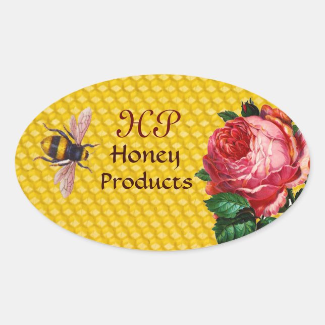 STICKER OVALE HONEY BEE AND ROSE ROSE ROSE, MONOGRAMME DE MAINTI (Devant)