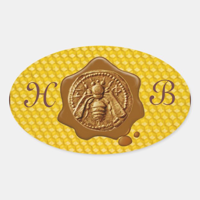 STICKER OVALE HONEY BEE, MONOGRAMME DE SCEAU DE CIRE BROWN (Devant)